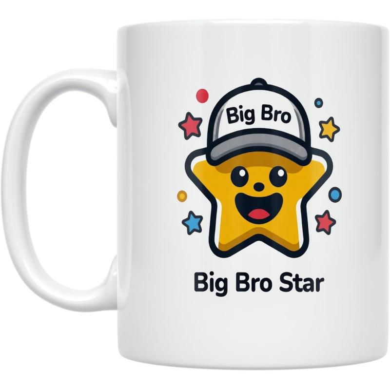 Tailorly White Ceramic 11 oz Mug - Big Bro Star Happy Smiling Character Wearing Cap Among Small Colorful Star