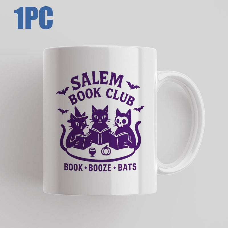 Tailorly White Ceramic 11 oz Mug - Salem Book Club Book Booze Bats Mystical Black Cats Reading Books Under Flying Bats Cat