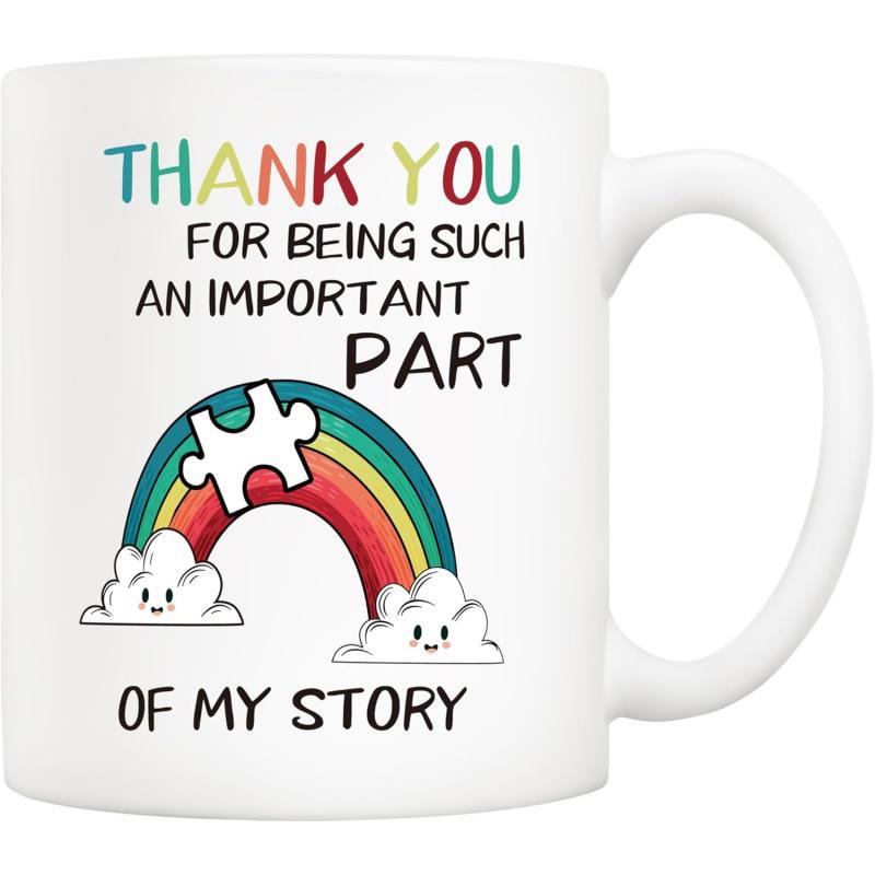 Tailorly White Ceramic 11 oz Mug - Thank You For Being Such An Important Part Of My Story Vibrant Colorful Arch With Puzzles And Fluffy Cute Smiling Clouds Rainbow