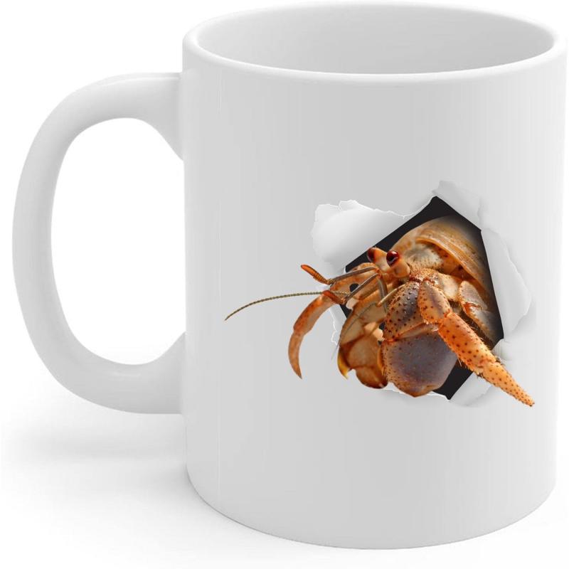 Tailorly White Ceramic 11 oz Mug - Realistic Crustacean Emerging From Torn Paper Hole Effect Crab