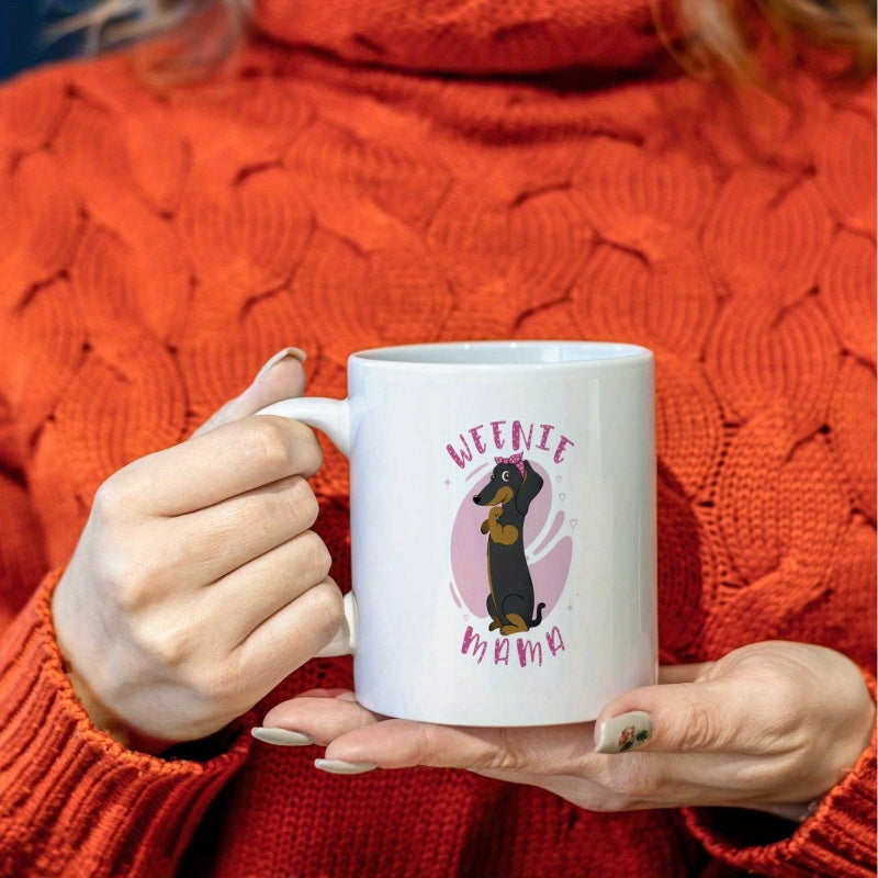 Tailorly White Ceramic 11 oz Mug - Weenie Momma Cute Cartoon Puppy Wearing A Bow In A Pink Oval Circle Dachshund
