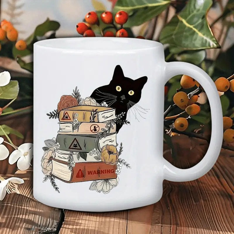 Tailorly White Ceramic 11 oz Mug - Warning Curious Black Cat Peeking From Behind Vintage Floral Stacked Books Cat