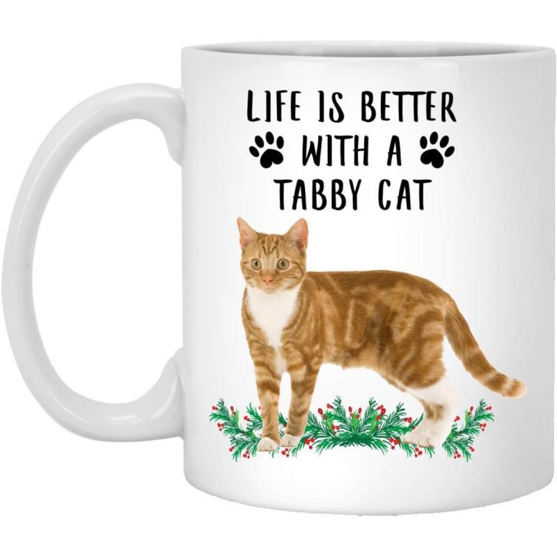 Tailorly White Ceramic 11 oz Mug - Life Is Better With A Tabby Cat Ginger Feline Standing Gracefully Above Decorative Green Foliage Branches Cat