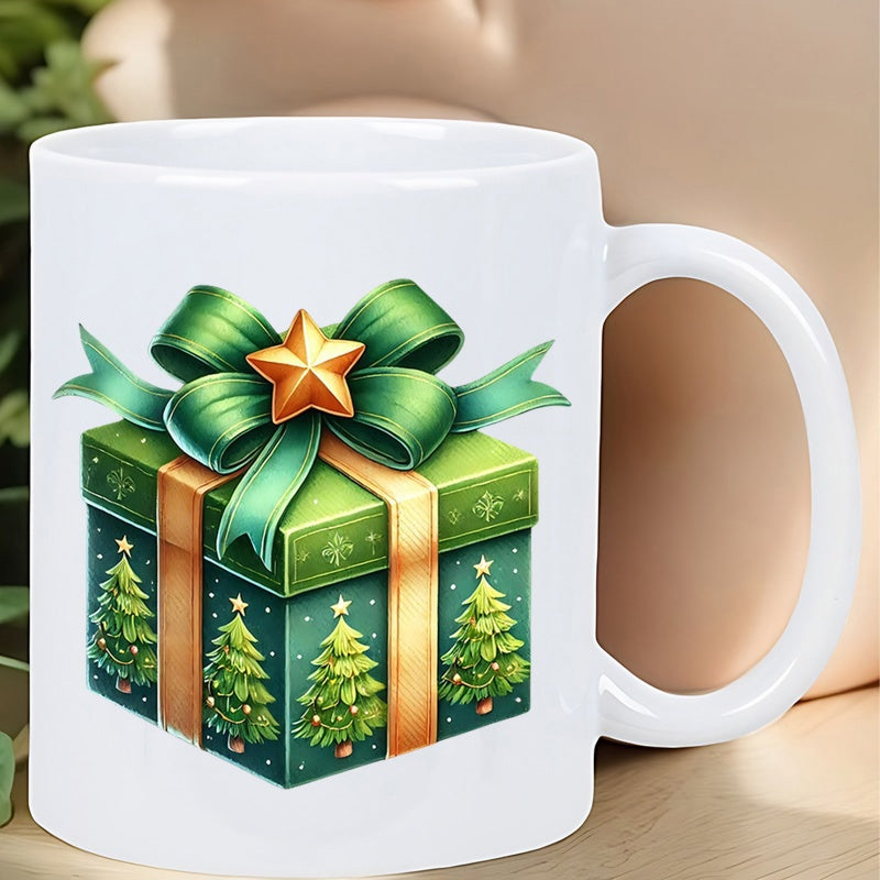 Tailorly White Ceramic 11 oz Mug - Festive Green Ribbon Tied Around Holiday Present Featuring Little Trees Box
