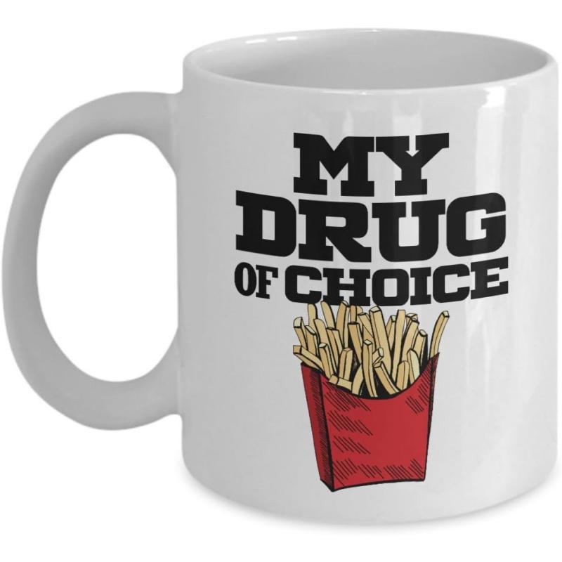 Tailorly White Ceramic 11 oz Mug - My Drug Of Choice Hot Salty French Fries Inside A Classic Red Takeout Box Fries