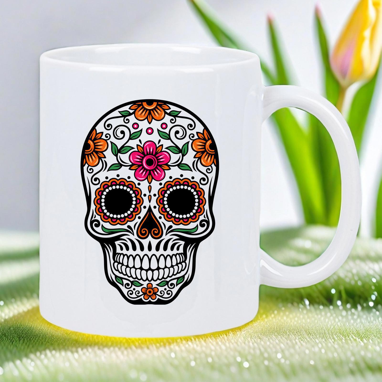 Tailorly White Ceramic 11 oz Mug - Intricate Floral Pattern With Colorful Blossoms Decorating A Traditional Mexican Sugar Skull