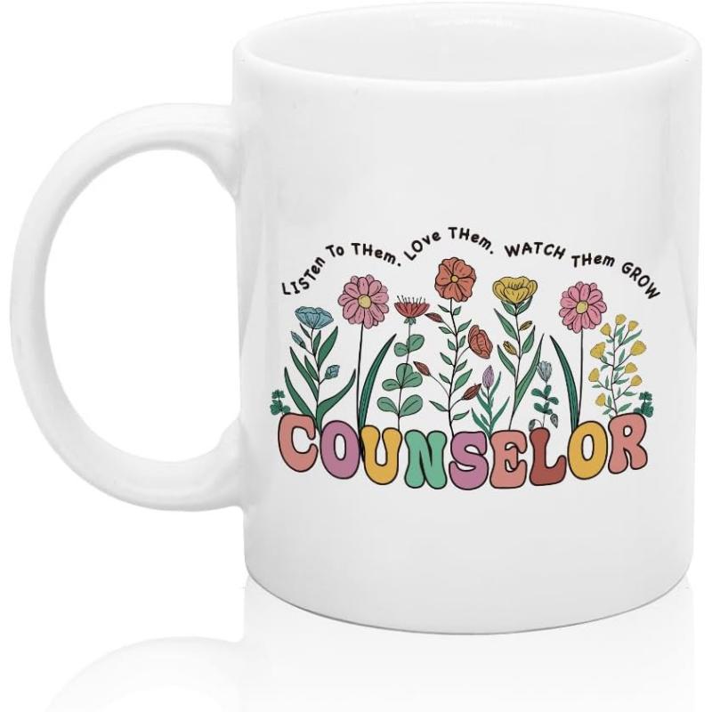 Tailorly White Ceramic 11 oz Mug - Listen To Them Love Them Watch Them Grow Counselor Beautiful Wildflowers Growing From Colorful Retro Style Block Lettering
