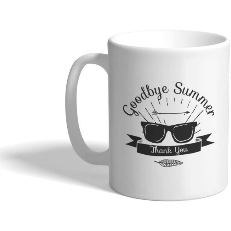 Tailorly White Ceramic 11 oz Mug - Goodbye Summer Thank You Vintage Styled Dark Sunglasses Resting Under An Arrow Among Radiant Sunburst Lines Sunglasses