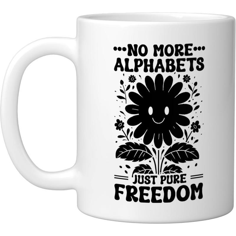 Tailorly White Ceramic 11 oz Mug - No More Alphabets Just Pure Freedom Smiling Black Decorative Bloom Surrounded By Dainty Little Leaves Sunflower