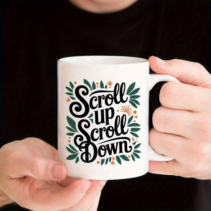 Tailorly White Ceramic 11 oz Mug - Scroll Up Scroll Down Artistic Green Foliage With Orange Dots And Botanical Flourishes Mug