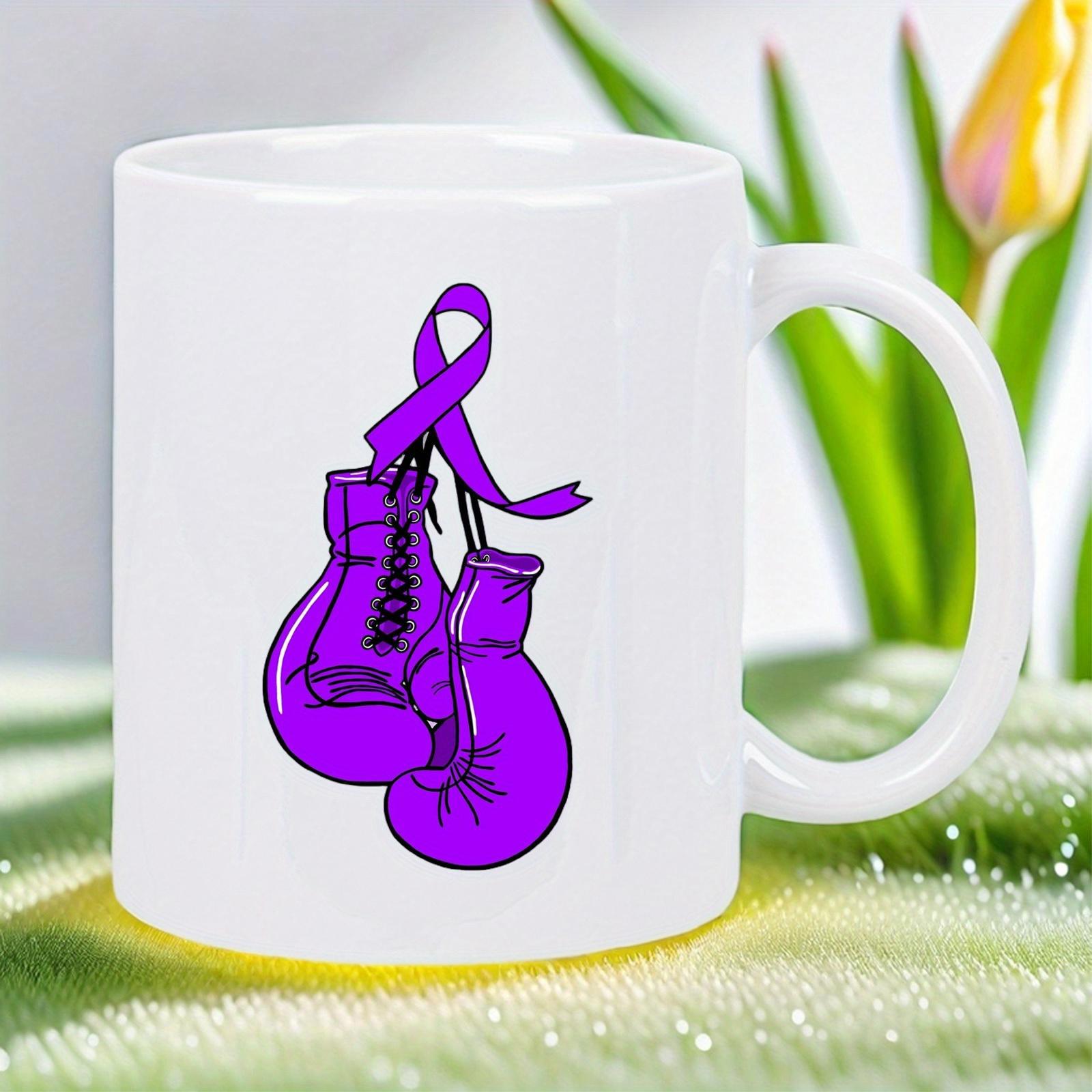 Tailorly White Ceramic 11 oz Mug - Vibrant Purple Awareness Ribbon Hanging Over A Pair Of Fighting Boxing Gloves