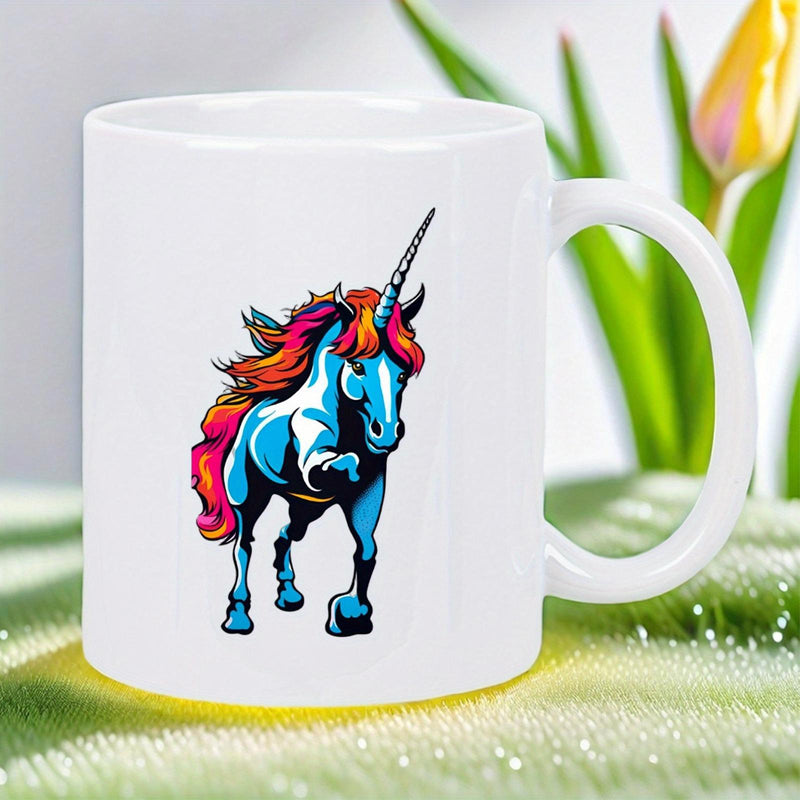 Tailorly White Ceramic 11 oz Mug - Majestic Mythological Creature With Vibrant Blue Body And Flowing Fiery Mane Unicorn