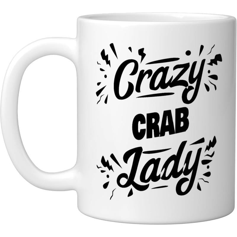 Tailorly White Ceramic 11 oz Mug - Crazy Crab Lady Decorative Black Spark Elements Surrounding Artistic Bold Typography Lady