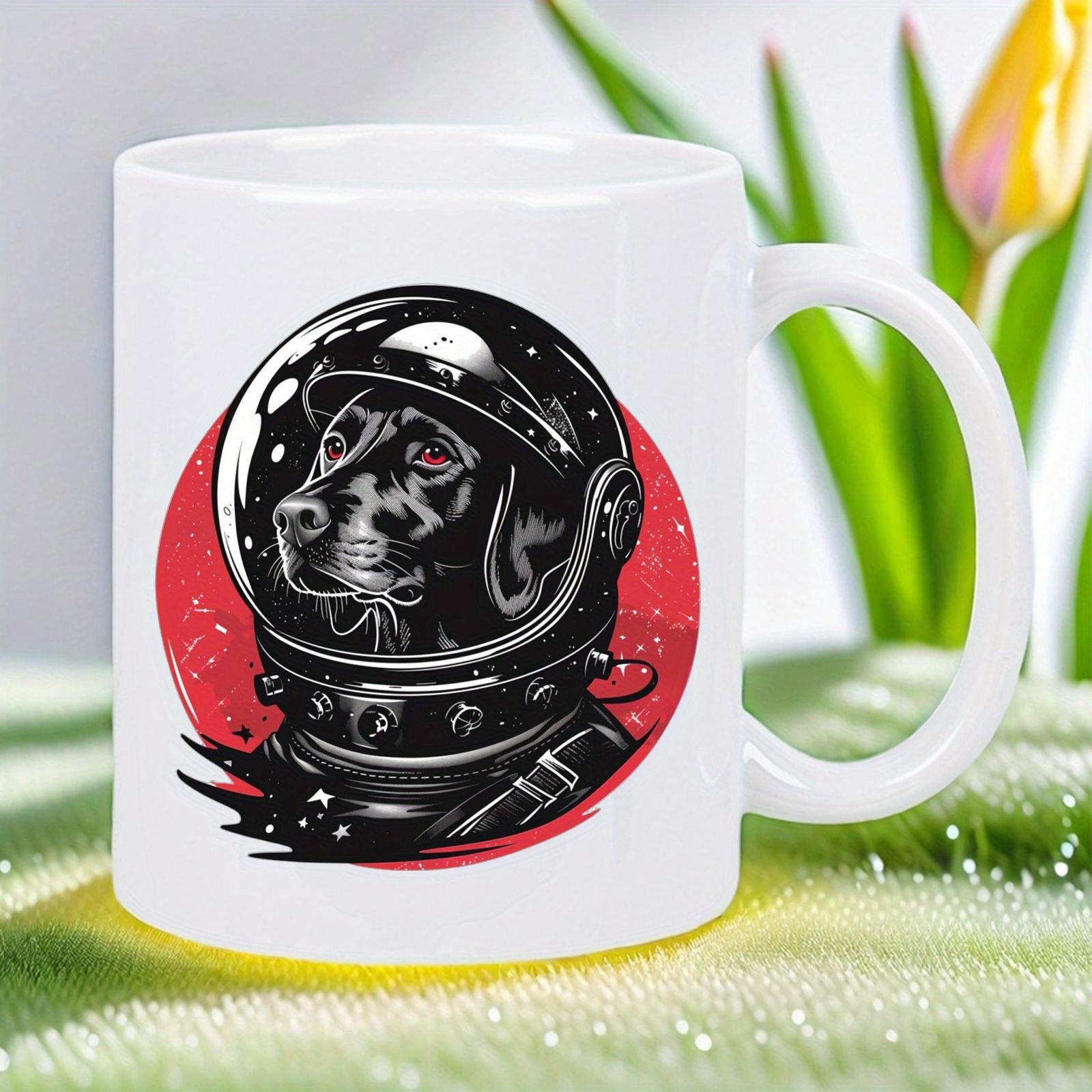 Tailorly White Ceramic 11 oz Mug - Detailed Black Dog Wearing Vintage Helmet Exploring Space Over Crimson Sun Dog