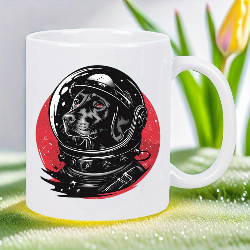 Tailorly White Ceramic 11 oz Mug - Detailed Black Dog Wearing Vintage Helmet Exploring Space Over Crimson Sun Dog