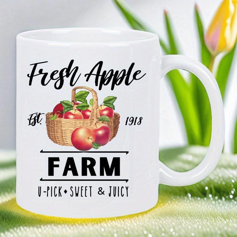 Tailorly White Ceramic 11 oz Mug - Fresh Apple Farm U Pick Sweet Juicy Rustic Woven Container Overflowing With Fresh Ripe Red Apples And Green Leaves Basket