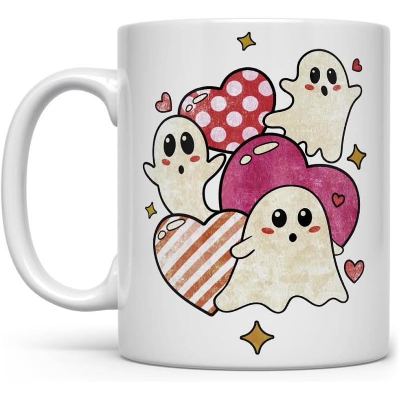 Tailorly White Ceramic 11 oz Mug - Friendly Cartoon Figures Floating Among Decorative Patterned Hearts With Golden Stars Ghost