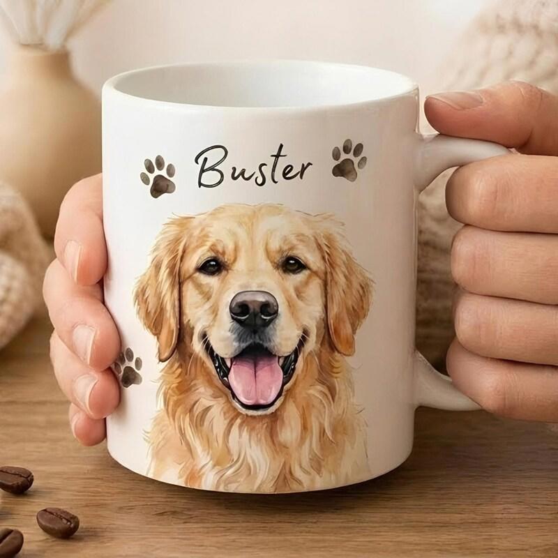 Tailorly White Ceramic 11 oz Mug - Buster Happy Smiling Pet Portrait Surrounded By Small Dark Paw Prints Golden Retriever