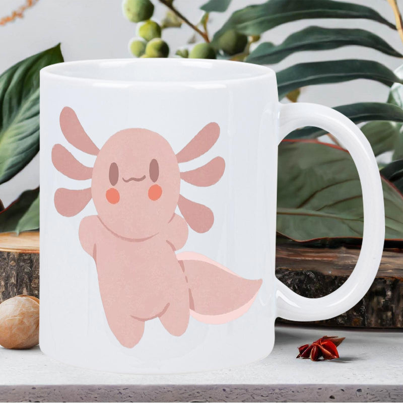 Tailorly White Ceramic 11 oz Mug - Adorable Pink Cartoon Character Blushing Among Gentle Nature Scenes Axolotl