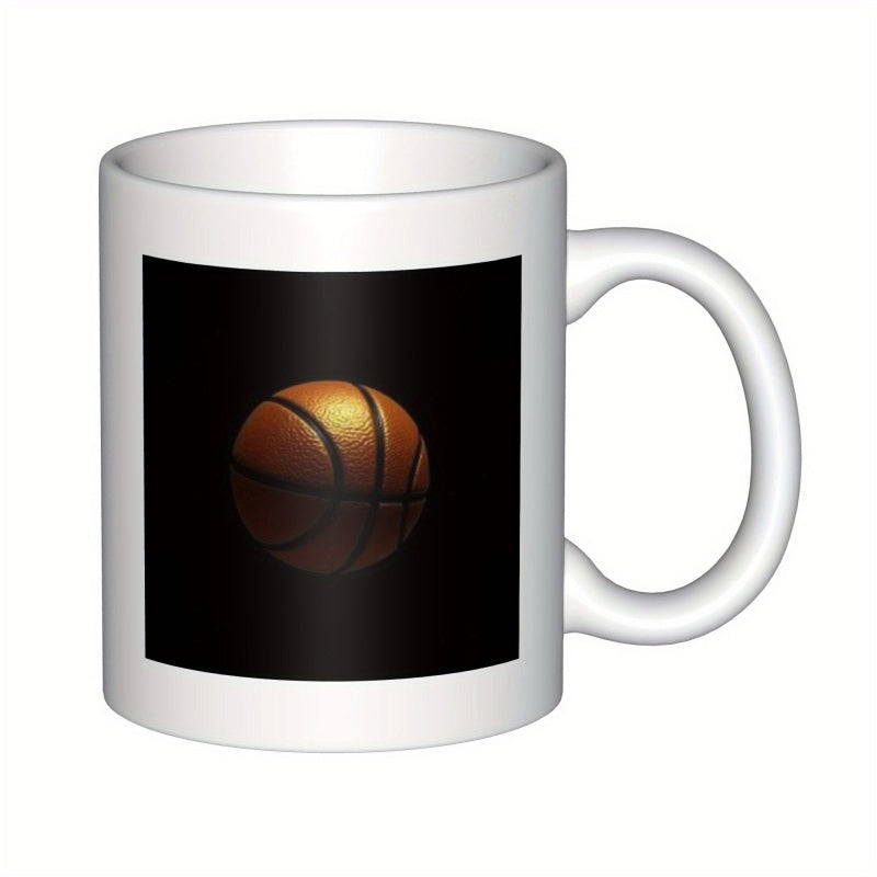 Tailorly White Ceramic 11 oz Mug - Textured Orange Sphere Floating Against A Dark Midnight Black Background Basketball