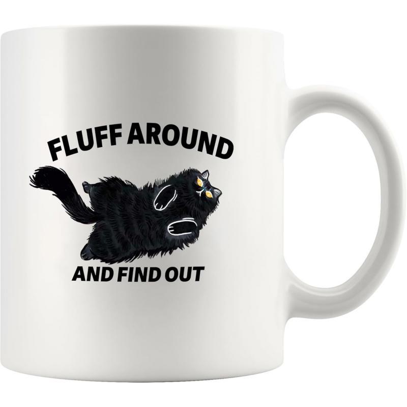 Tailorly White Ceramic 11 oz Mug - Fluff Around And Find Out Fluffy Black Cat Resting On Its Back With Paws In Air Cat