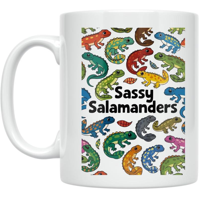 Tailorly White Ceramic 11 oz Mug - Sassy Salamanders Colorful Little Reptiles In Various Bright Patterns And Playful Poses Salamander