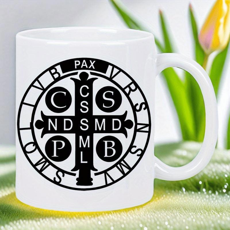 Tailorly White Ceramic 11 oz Mug - Pax Intricate Religious Cross Symbol Inside Circular Frame With Ancient Latin Lettering Mug