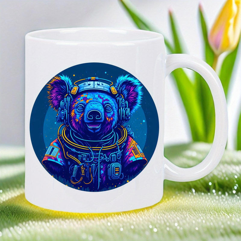 Tailorly White Ceramic 11 oz Mug - Vibrant Blue Cyberpunk Style Astronaut Wearing High Tech Space Suit Koala