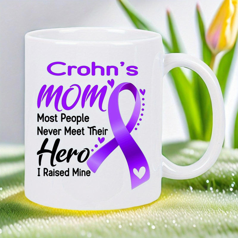 Tailorly White Ceramic 11 oz Mug - Crohns Mom Most People Never Meet Their Hero I Raised Mine Elegant Purple Awareness Ribbon With Small White Hearts And