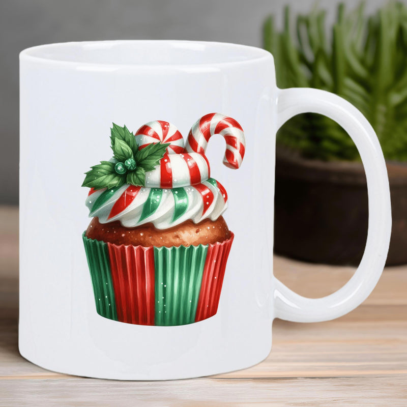 Tailorly White Ceramic 11 oz Mug - Festive Christmas Treat With Peppermint Swirl Icing And Candy Cane Holly Cupcake