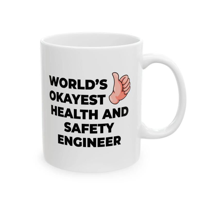 Tailorly White Ceramic 11 oz Mug - Worlds Okayest Health And Safety Engineer Simple Cartoon Style Thumbs Up Gesture Showing Positive Recognition Hand