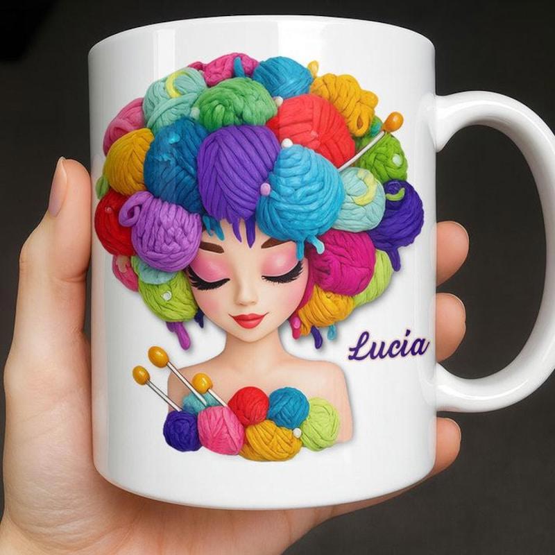 Tailorly White Ceramic 11 oz Mug - Lucia Vibrant Colorful Balls Of Wool Forming Hair On A Cute Knitting Girl