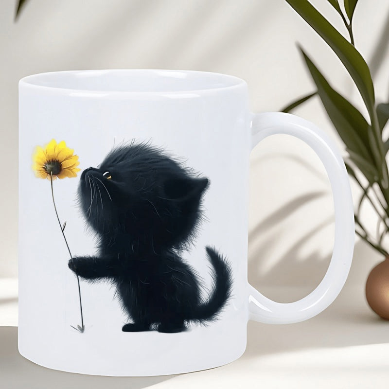 Tailorly White Ceramic 11 oz Mug - Tiny Fluffy Black Cat Gently Sniffing A Bright Yellow Sunflower Kitten