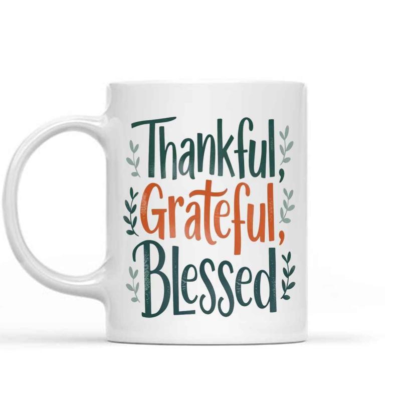 Tailorly White Ceramic 11 oz Mug - Thankful Grateful Blessed Elegant Hand Lettered Script With Artistic Leafy Branch Foliage