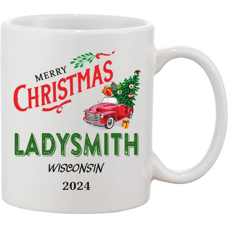 Tailorly White Ceramic 11 oz Mug - Merry Christmas Ladysmith Wisconsin 2024 Classic Vintage Red Pickup Carrying Festive Christmas Tree With Holiday Gifts Truck