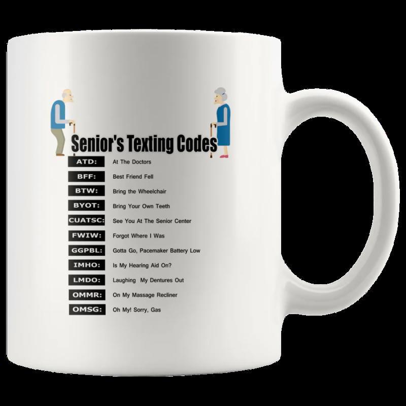 Tailorly White Ceramic 11 oz Mug - Senior's Texting Codes Humorous Elderly Couple Standing With Walking Canes Beside Funny Texting List Mug