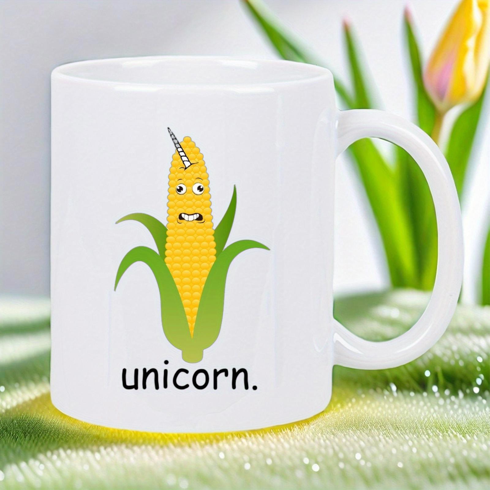 Tailorly White Ceramic 11 oz Mug - Unicorn Whimsical Cartoon Yellow Cob With Single Spiral Horn Among Husks Corn