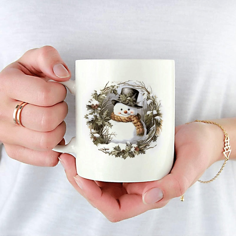 Tailorly White Ceramic 11 oz Mug - Festive Winter Scene With Striped Scarf And Rustic Evergreen Wreath Snowman