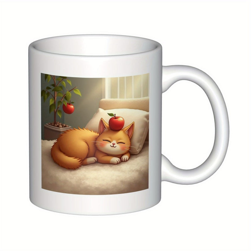 Tailorly White Ceramic 11 oz Mug - Adorable Ginger Sleeping Peacefully On Bed Under Warm Sunlight Red Apple Cat