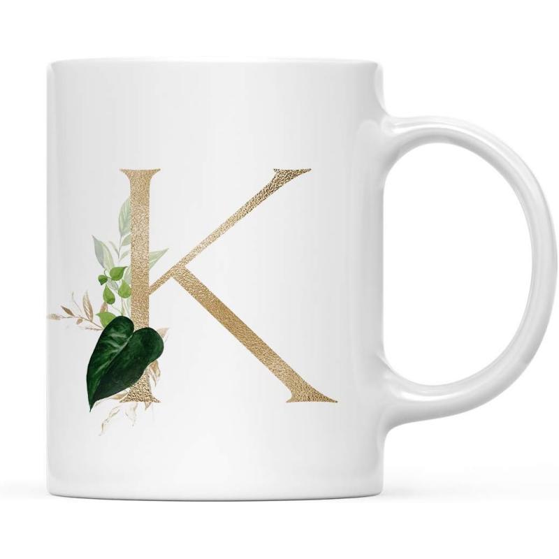 Tailorly White Ceramic 11 oz Mug - K Elegant Gold Textured Letter With Lush Green Tropical Foliage Leaves Mug