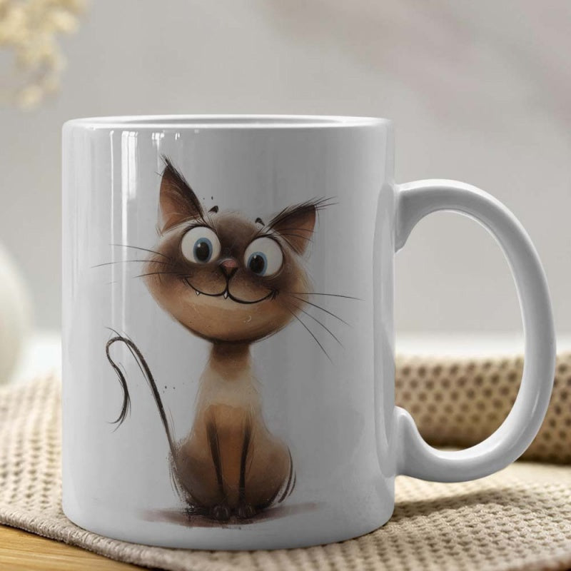 Tailorly White Ceramic 11 oz Mug - Adorable Smiling Brown Siamese Cartoon Animal With Big Eyes Sitting Cat