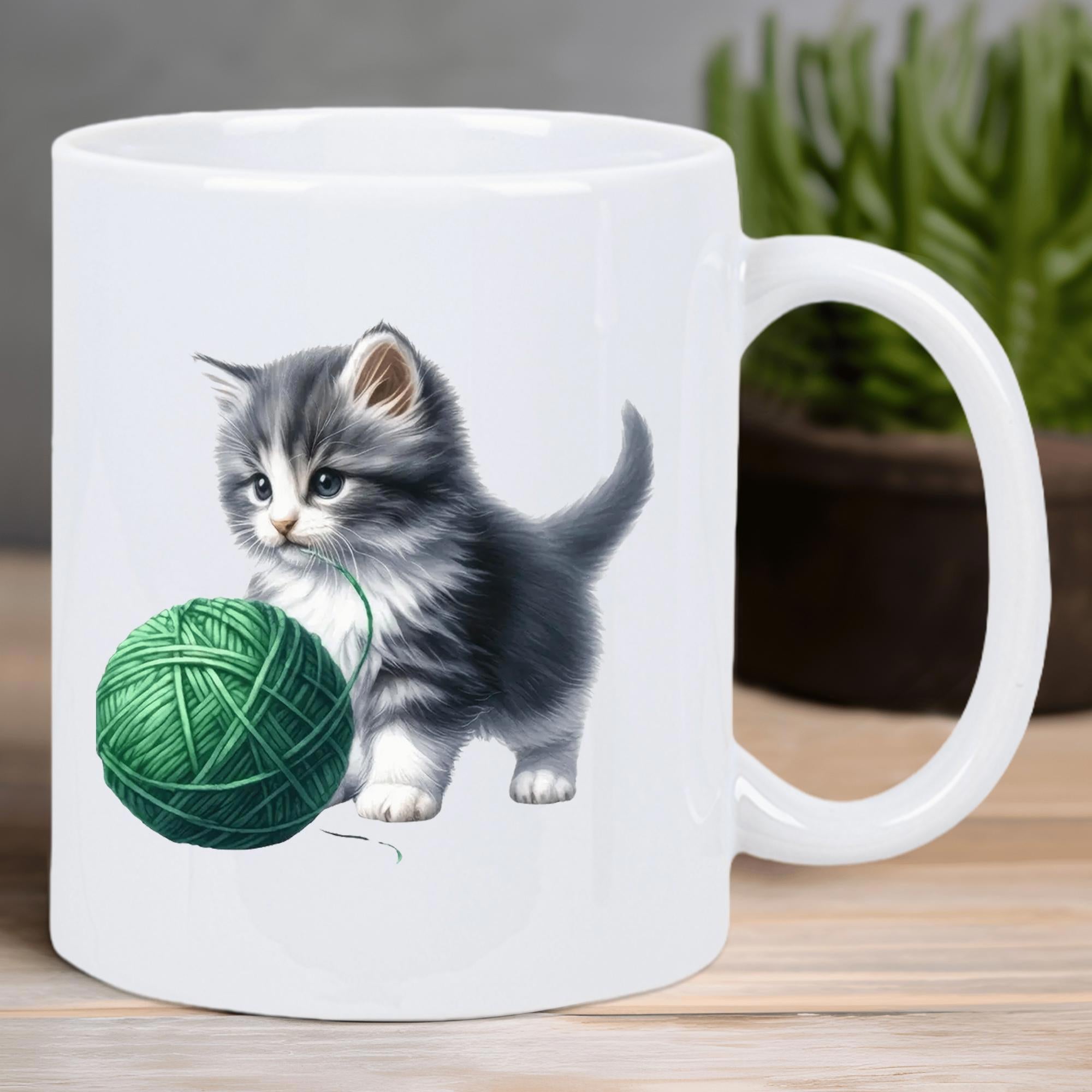 Tailorly White Ceramic 11 oz Mug - Adorable Grey Fluffy Cat Playing Beside Large Green Wool Ball Kitten