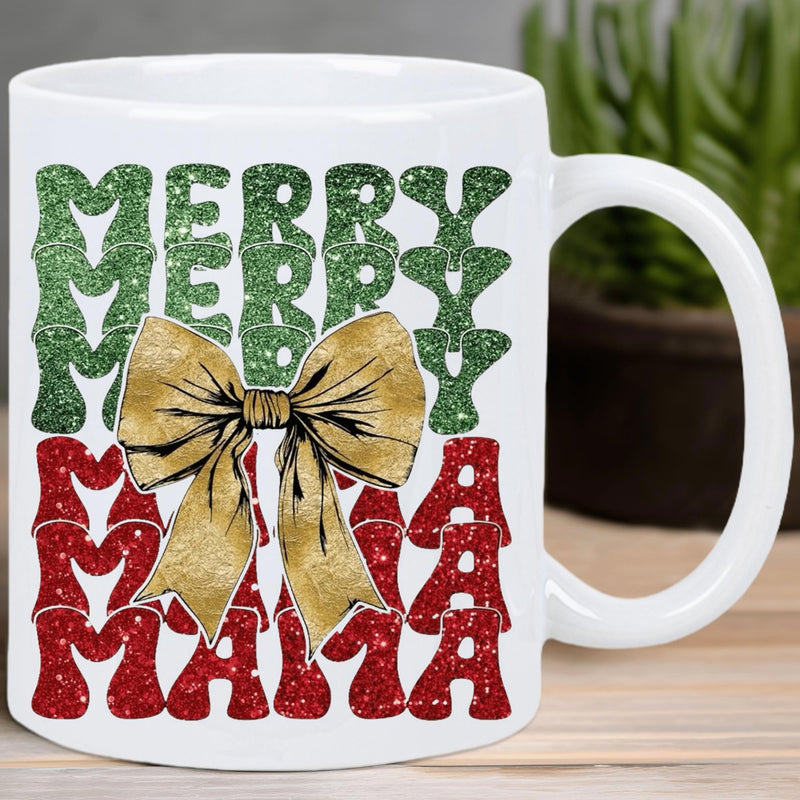Tailorly White Ceramic 11 oz Mug - Merry Mama Festive Golden Glitter Bow Set Against Red And Green Stacked Textured Lettering Mug