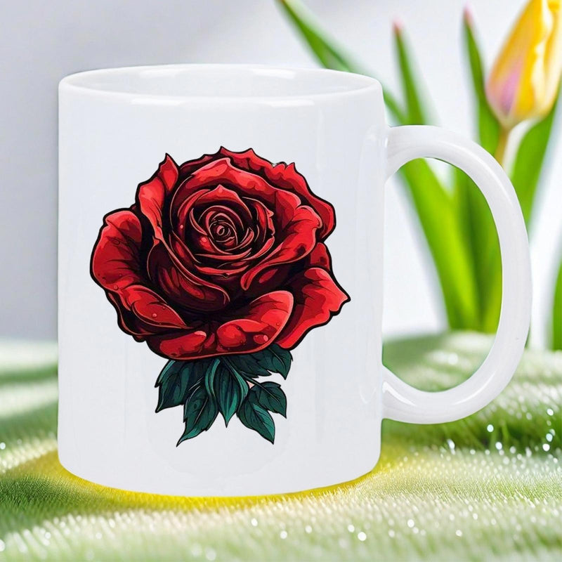 Tailorly White Ceramic 11 oz Mug - Elegant Vibrant Red Petals With Deep Green Leaves Detailed Floral Rose