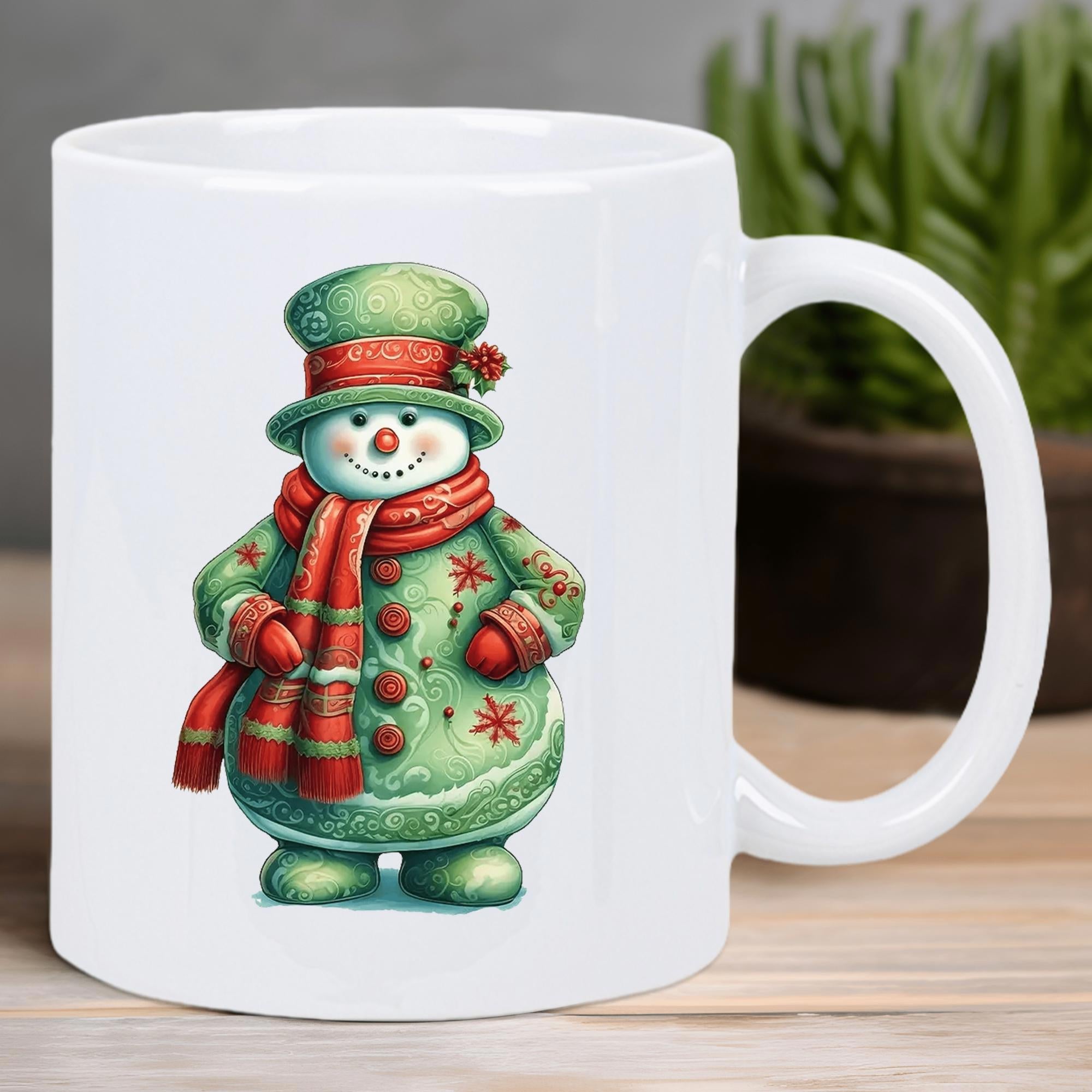 Tailorly White Ceramic 11 oz Mug - Festive Green Hat With Red Scarf Wearing Snowflake Pattern Coat Snowman
