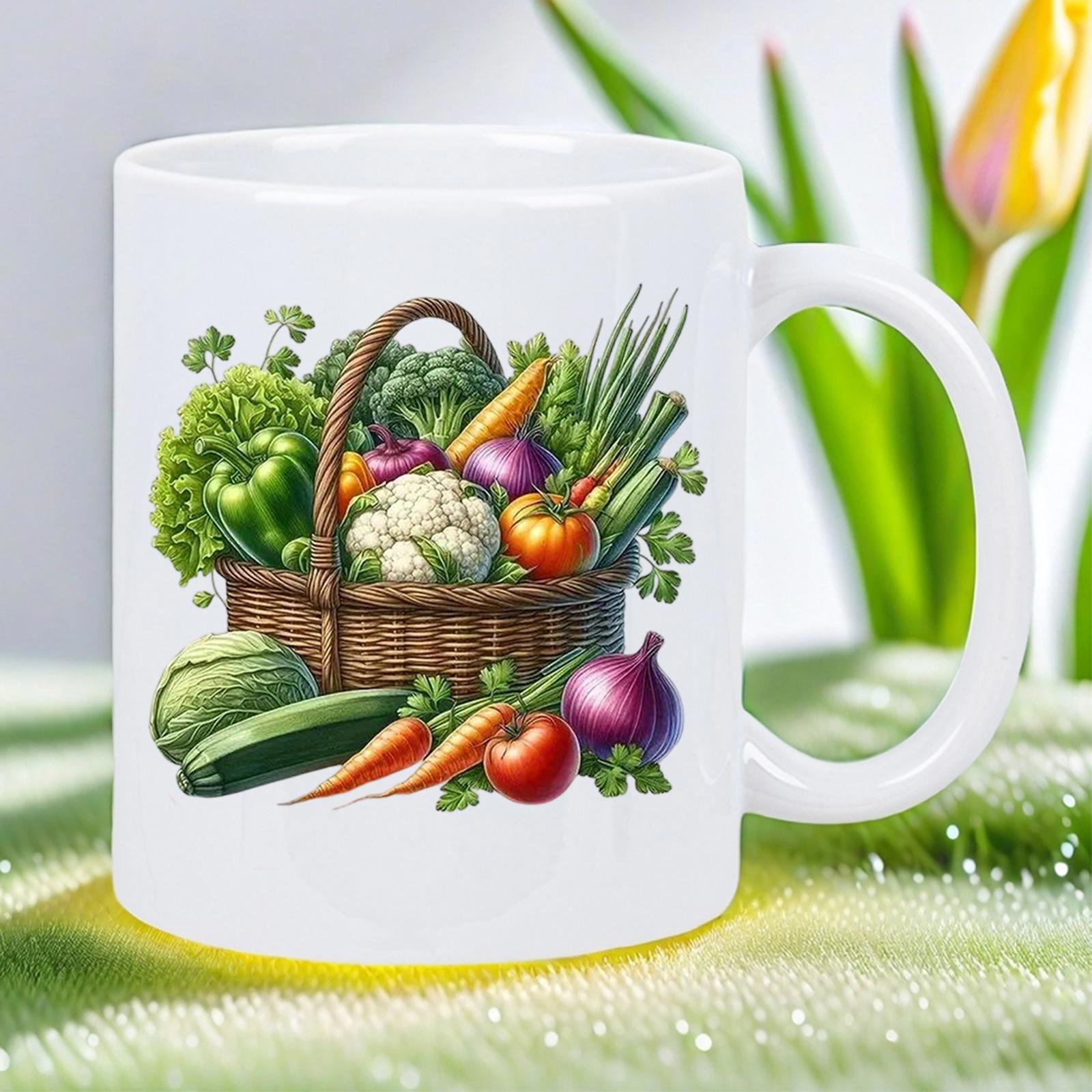 Tailorly White Ceramic 11 oz Mug - Rustic Woven Basket Filled With Colorful Vibrant Fresh Organic Garden Vegetables