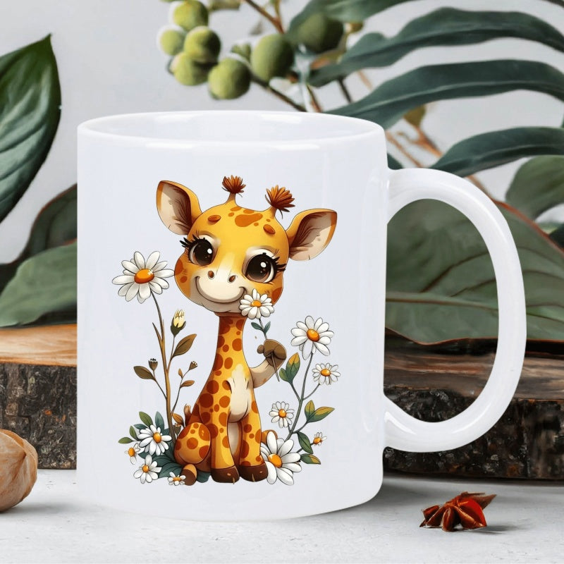 Tailorly White Ceramic 11 oz Mug - Adorable Sitting Baby Animal Among Beautiful Blooming Spring Wildflower Garden Giraffe