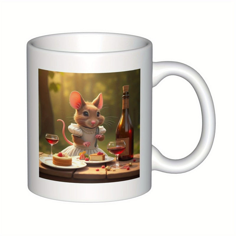 Tailorly White Ceramic 11 oz Mug - Tiny Mouse Wearing Dress Enjoying Wine And Cakes In Sunlit Forest Mouse