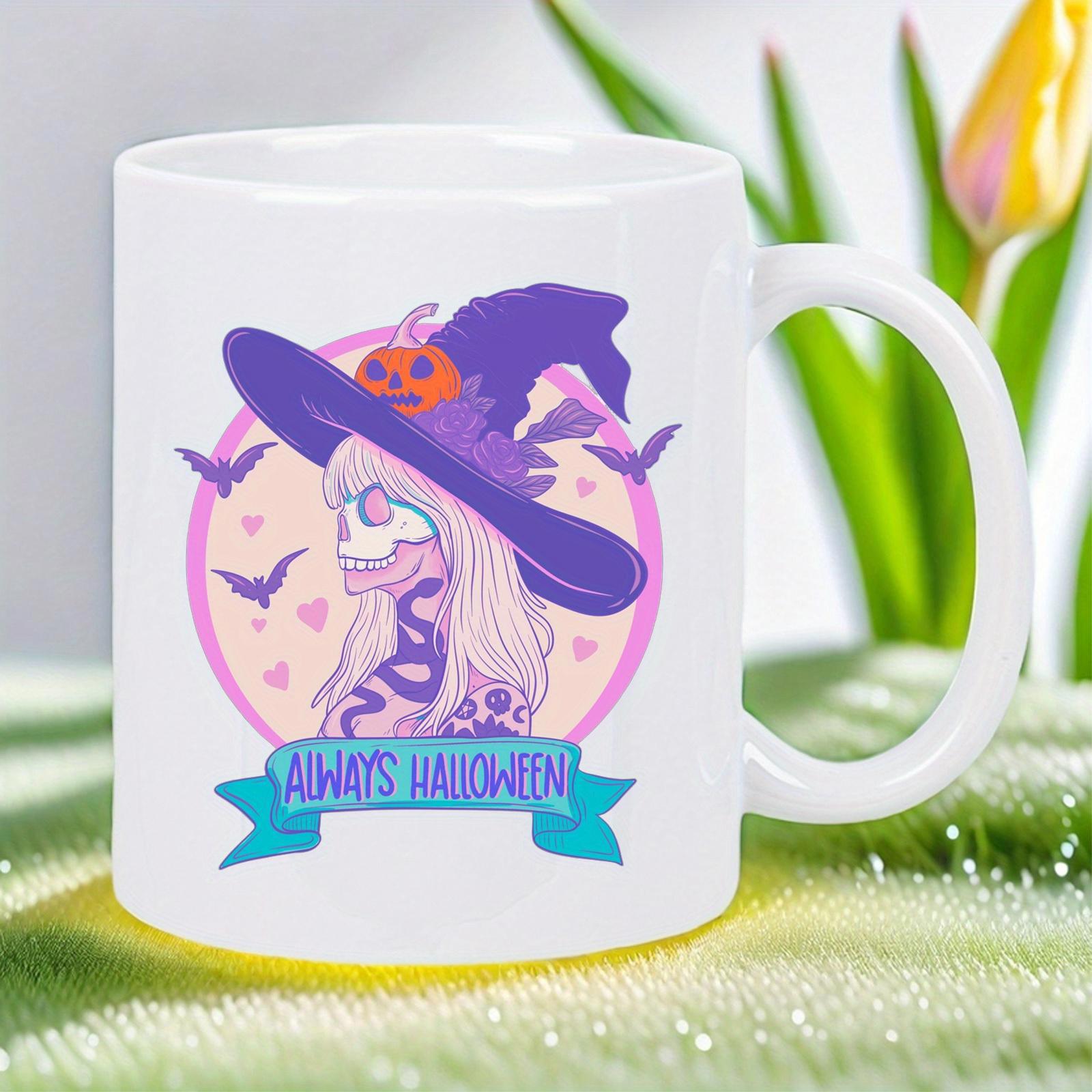 Tailorly White Ceramic 11 oz Mug - Always Halloween Mystical Skeletal Figure Wearing Purple Hat With Pumpkin And Bats Witch