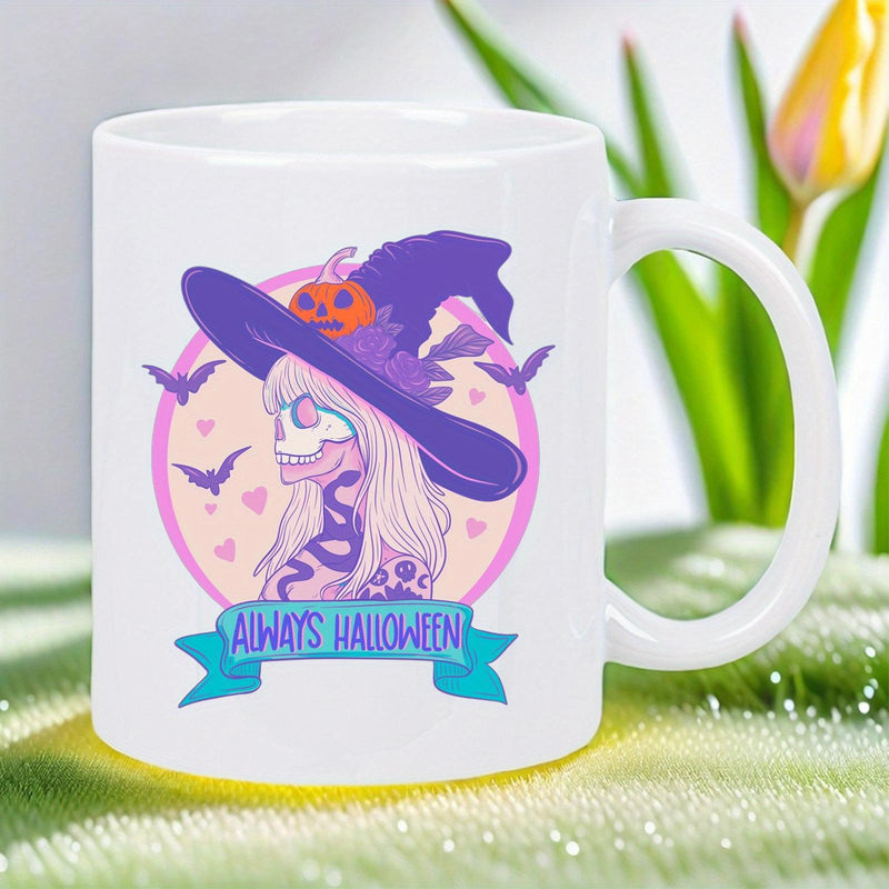Tailorly White Ceramic 11 oz Mug - Always Halloween Mystical Skeletal Figure Wearing Purple Hat With Pumpkin And Bats Witch
